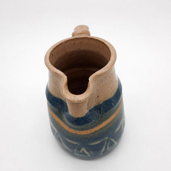 Vintage Studio Handcrafted Pottery Blue & Beige Stoneware Cream Pitcher Signed - Picture 5 of 9